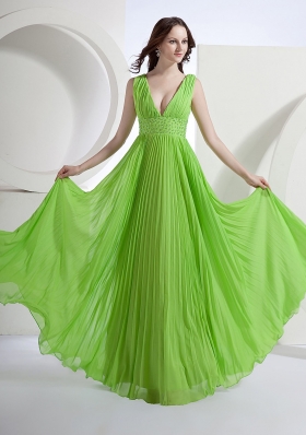 Deep V-neck Floor-length Waistband Pleated Prom Dress