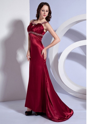 Open Back Beading Straps Burgundy Brush Prom Dress