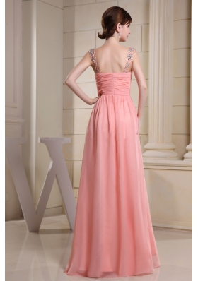 Beaded Straps Ruch Prom Dress Long Pink