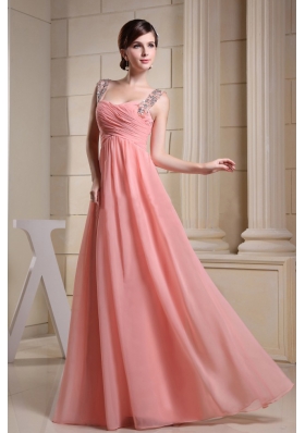 Beaded Straps Ruch Prom Dress Long Pink