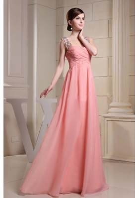 Beaded Straps Ruch Prom Dress Long Pink