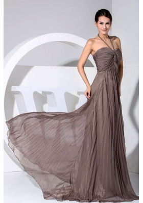 Halter Pleating Throughout Brown Brush Prom Dress