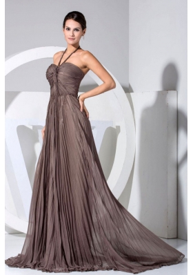 Halter Pleating Throughout Brown Brush Prom Dress