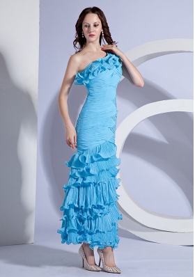 Floral One Shoulder Aqua Ankle-length Prom Dress