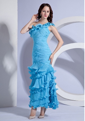 Floral One Shoulder Aqua Ankle-length Prom Dress