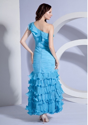 Floral One Shoulder Aqua Ankle-length Prom Dress