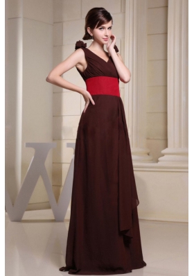 V-neck Red Waistband Flowers Brown Prom Dress