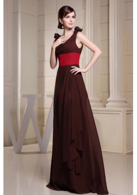 V-neck Red Waistband Flowers Brown Prom Dress