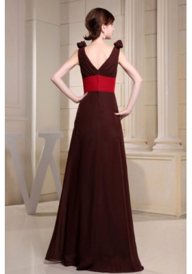 V-neck Red Waistband Flowers Brown Prom Dress