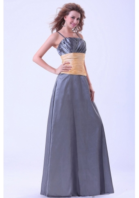 Yellow Waistband Dark Grey Bridesmaid Dresses Spaghetti Straps 