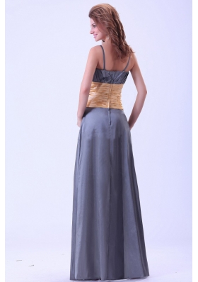 Yellow Waistband Dark Grey Bridesmaid Dresses Spaghetti Straps 