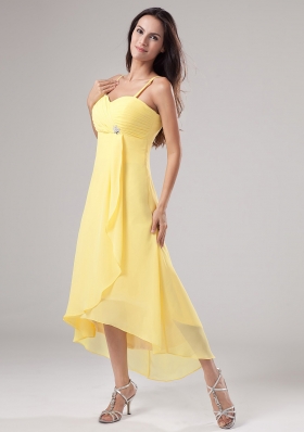 Yellow Spaghetti Straps Prom Dress Beading Ruch