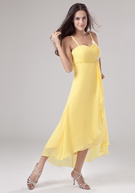 Yellow Spaghetti Straps Prom Dress Beading Ruch