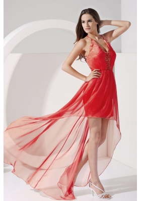 Halter Embroidery X Shaped Back High-low Prom Dress