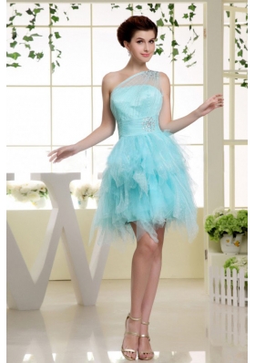 Sheer One Shoulder Baby Blue Beading Prom Dress Ruffles
