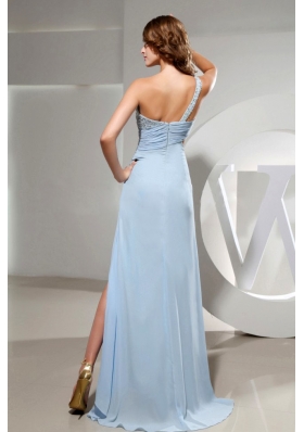 Light Blue One Shoulder High Slit Prom Dress Beading