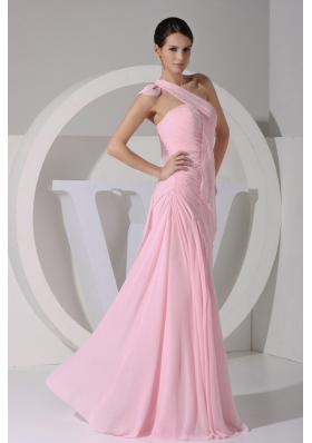 Asym One Shoulder Pink Chiffon Floor-length Prom Dress