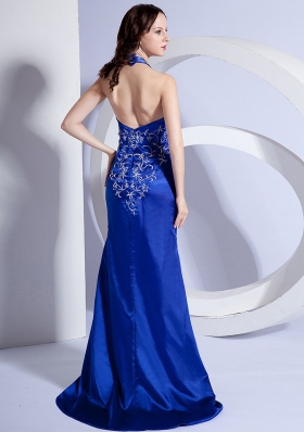 Mermaid Halter Embroidery Royal Sweep Prom Dress