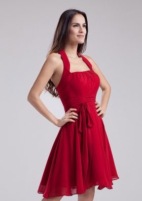 Red Halter Knee-length Pleating Prom Dress Party