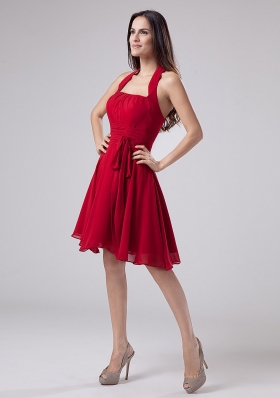Red Halter Knee-length Pleating Prom Dress Party