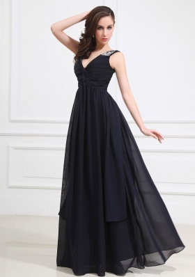 Beaded Shoulder Empire Black Long V-neck Prom Dress