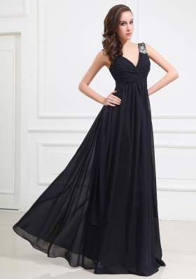 Beaded Shoulder Empire Black Long V-neck Prom Dress