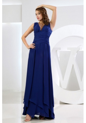 Sheath V-neck Royal Blue Ankle-length Prom Dress