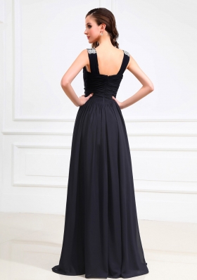 Beaded Shoulder Empire Black Long V-neck Prom Dress