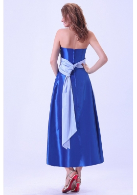 Royal Blue Bridemaid Dress Sash Tea-length Taffeta