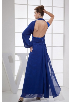 High Slit V-neck Blue Prom Dress Long Sleeve