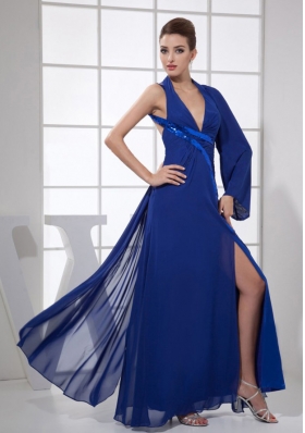 High Slit V-neck Blue Prom Dress Long Sleeve