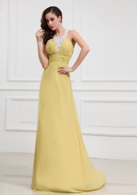 Halter Column Prom Dress Long Yellow Criss Cross