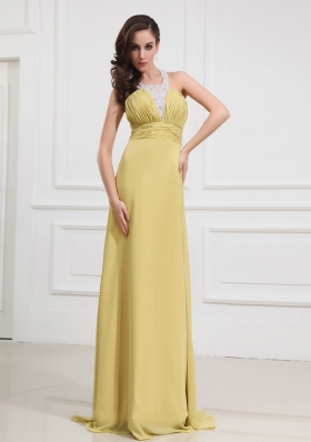 Halter Column Prom Dress Long Yellow Criss Cross