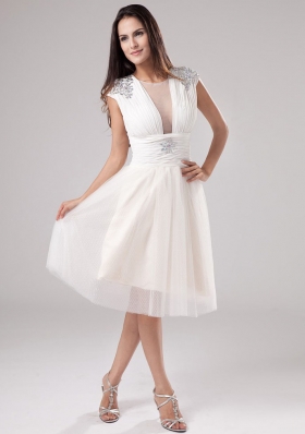 Sheer Scoop Tea-length Tulle Beading Prom Dress