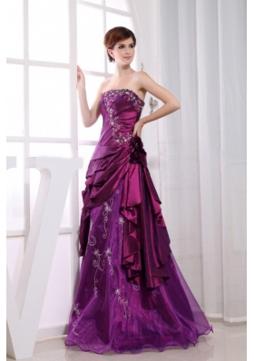 Applique A-Line Fuchsia Floor-length Embroidery Prom Pageant Dress