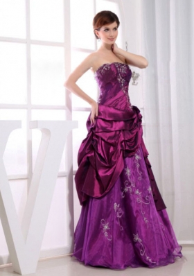 Applique A-Line Fuchsia Floor-length Embroidery Prom Pageant Dress