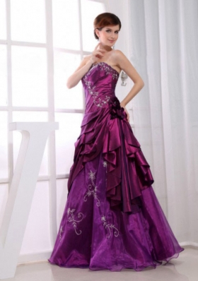 Applique A-Line Fuchsia Floor-length Embroidery Prom Pageant Dress