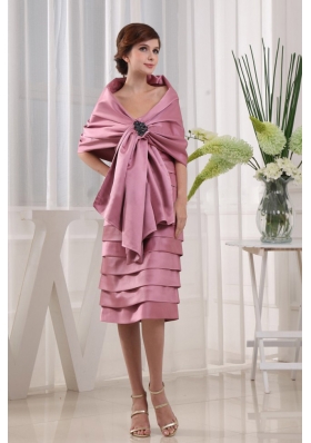 Wrap Pink Mother Bride Dress Layers Tea-length