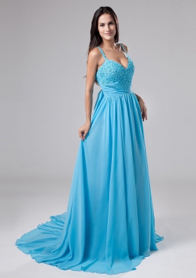 Beading Empire Straps Court Train Prom Dress Blue