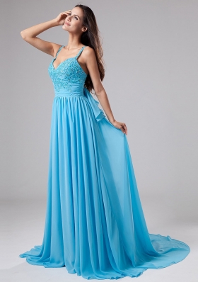 Beading Empire Straps Court Train Prom Dress Blue