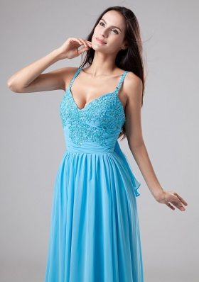 Beading Empire Straps Court Train Prom Dress Blue