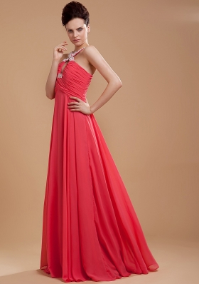 Keyhole V-neck Straps Back Appliques Coral Red Prom Dress