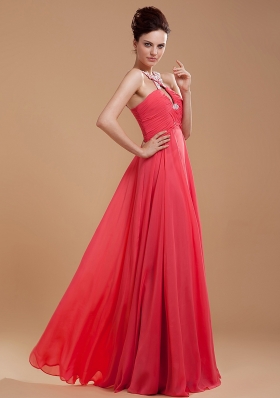 Keyhole V-neck Straps Back Appliques Coral Red Prom Dress