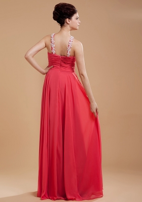 Keyhole V-neck Straps Back Appliques Coral Red Prom Dress