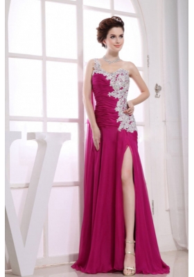 One Shoulder Appliques Watteau Column Prom Dress