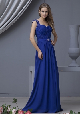 Beading Straps Blue Floor-length Ruched Prom Dress