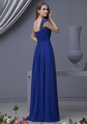 Beading Straps Blue Floor-length Ruched Prom Dress