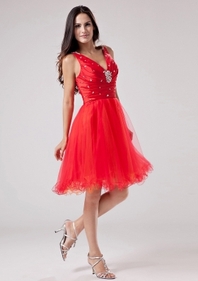 Red Deep V-neck Beaded Prom Dress Beading Ruch