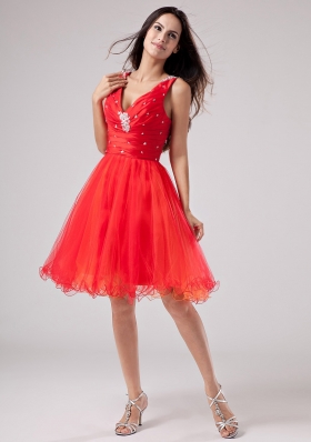 Red Deep V-neck Beaded Prom Dress Beading Ruch