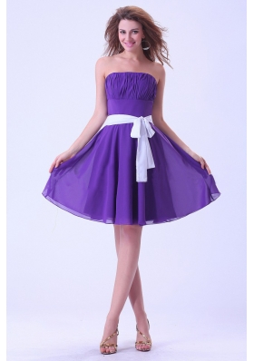 White Sash A-line Purple Bridesmaid Dresses